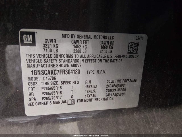 Aukcja sprzedaży 2015 Chevrolet Tahoe Ls, vin: 1GNSCAKC7FR304189, numer aukcji: 45879703