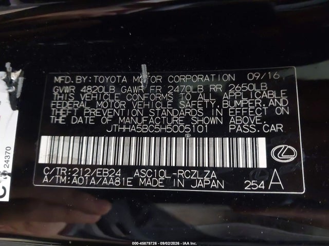 45879726 :رقم المزاد ، JTHHA5BC5H5005101 vin ، 2017 Lexus Rc 200t مزاد بيع