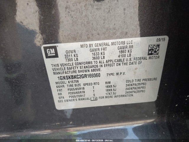 Chevrolet Tahoe Lt 2016 1GNSKBKC2GR169360 Image 9
