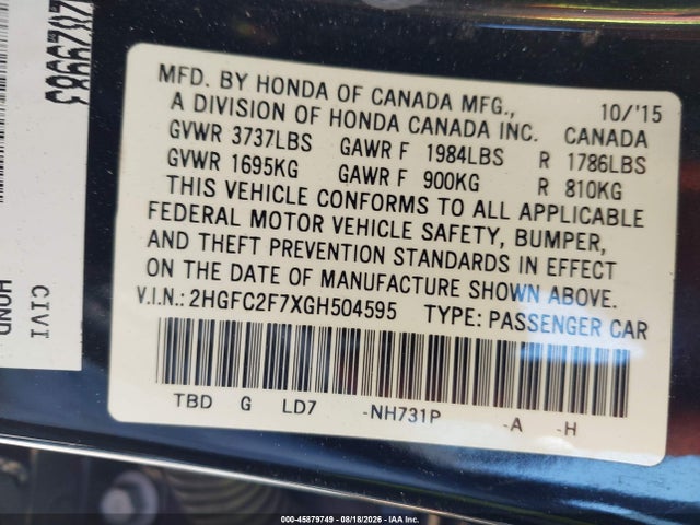 Honda CIVIC EX 2016 2HGFC2F7XGH504595 Image 9