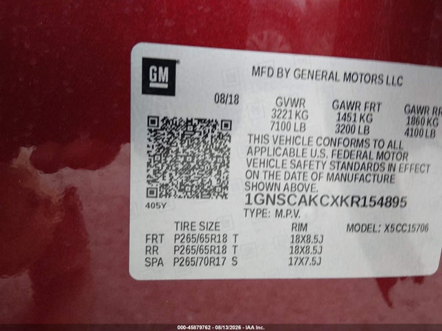 45879762 :رقم المزاد ، 1GNSCAKCXKR154895 vin ، 2019 Chevrolet Tahoe Ls مزاد بيع