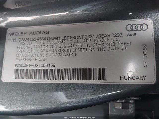WAUJ8GFF0G1058158 Audi A3 2.0t Premium
