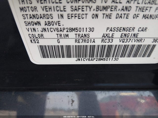 2011 Infiniti G37 Journey მანქანა იყიდება აუქციონზე, vin: JN1CV6AP2BM501130, აუქციონის ნომერი: 45879770