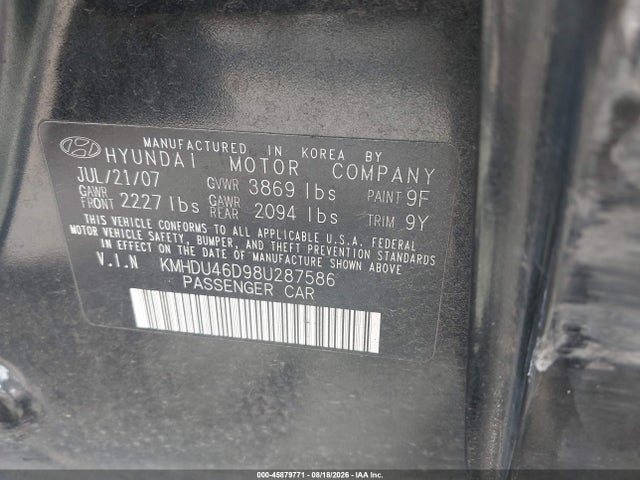 2008 Hyundai Elantra Gls/se მანქანა იყიდება აუქციონზე, vin: KMHDU46D98U287586, აუქციონის ნომერი: 45879771