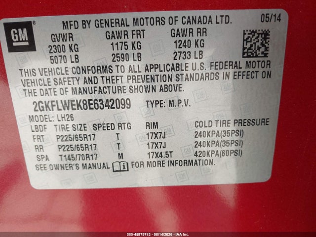 2014 Gmc Terrain Sle-2 მანქანა იყიდება აუქციონზე, vin: 2GKFLWEK8E6342099, აუქციონის ნომერი: 45879783
