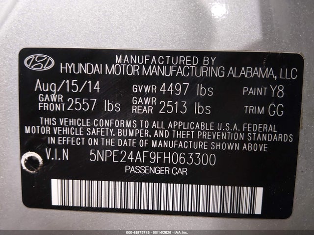 2015 Hyundai Sonata Se მანქანა იყიდება აუქციონზე, vin: 5NPE24AF9FH063300, აუქციონის ნომერი: 45879786