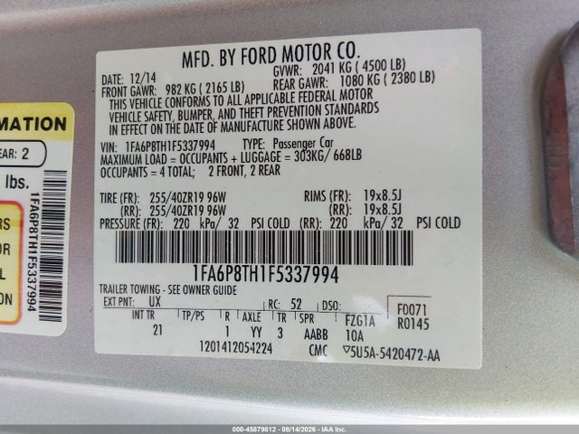 Продажа на аукционе авто 2015 Ford Mustang Ecoboost, vin: 1FA6P8TH1F5337994, номер лота: 45879812