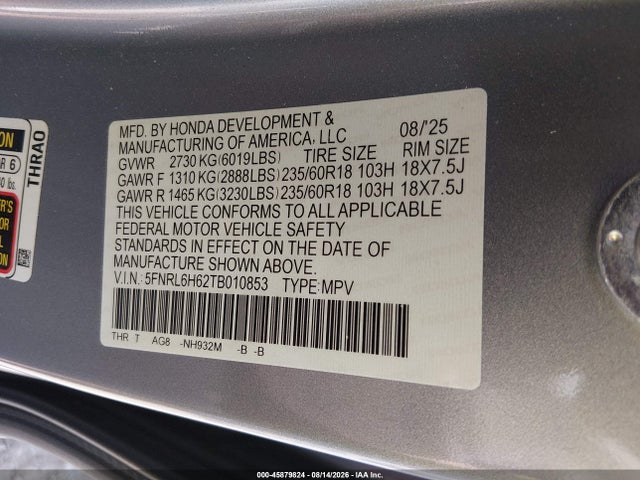 Aukcja sprzedaży 2026 Honda Odyssey Ex-l, vin: 5FNRL6H62TB010853, numer aukcji: 45879824