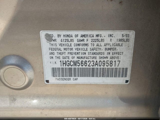 45879828 :رقم المزاد ، 1HGCM56623A095817 vin ، 2003 Honda Accord 2.4 Ex مزاد بيع
