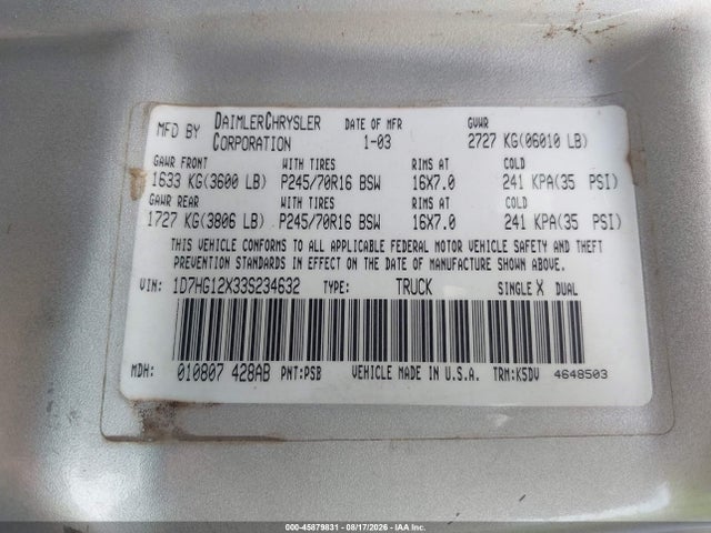 2003 Dodge Dakota მანქანა იყიდება აუქციონზე, vin: 1D7HG12X33S234632, აუქციონის ნომერი: 45879831