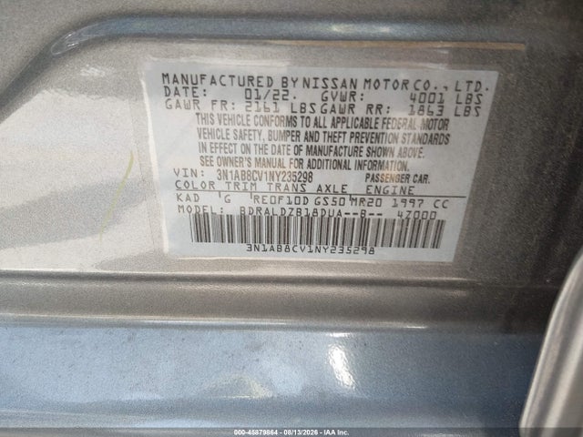 2022 Nissan Sentra Sv Xtronic Cvt მანქანა იყიდება აუქციონზე, vin: 3N1AB8CV1NY235298, აუქციონის ნომერი: 45879864