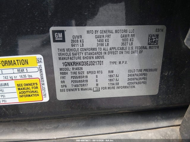2014 Chevrolet Traverse Lt მანქანა იყიდება აუქციონზე, vin: 1GNKRHKD3EJ321701, აუქციონის ნომერი: 45879871