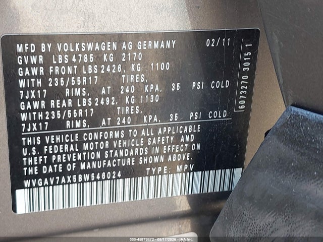 Продаж на аукціоні авто 2011 Volkswagen Tiguan Se, vin: WVGAV7AX5BW546024, номер лоту: 45879872