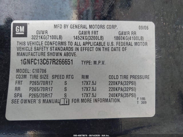 Aukcja sprzedaży 2007 Chevrolet Tahoe Ls, vin: 1GNFC13C67R266651, numer aukcji: 45879878