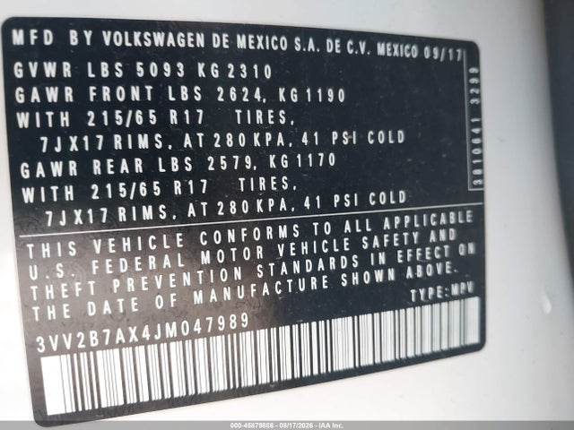 45879886 :رقم المزاد ، 3VV2B7AX4JM047989 vin ، 2018 Volkswagen Tiguan 2.0t Se/2.0t Sel مزاد بيع