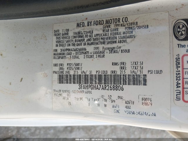 2010 Ford Fusion Se მანქანა იყიდება აუქციონზე, vin: 3FAHP0HA7AR268806, აუქციონის ნომერი: 45879892