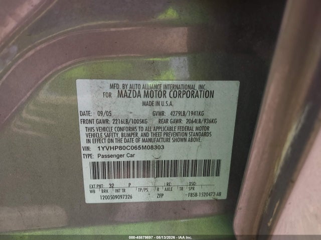 2006 Mazda Mazda6 Sport I მანქანა იყიდება აუქციონზე, vin: 1YVHP80C065M08303, აუქციონის ნომერი: 45879897
