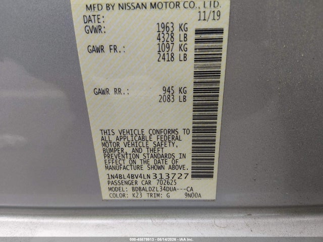 45879913 :رقم المزاد ، 1N4BL4BV4LN313727 vin ، 2020 Nissan Altima S Fwd مزاد بيع