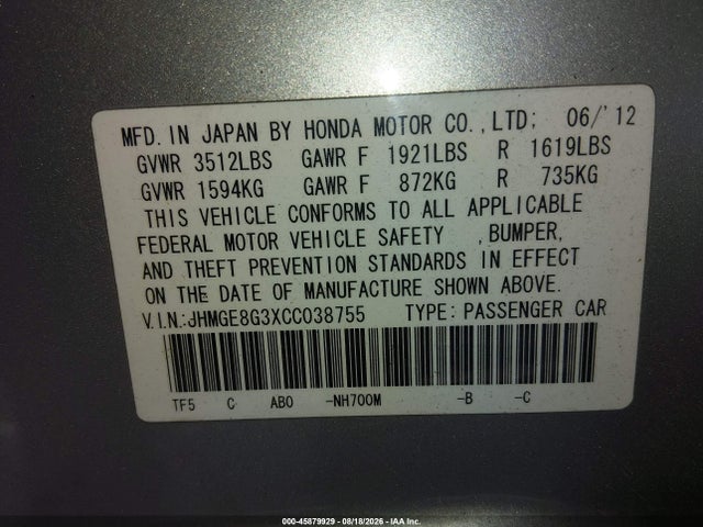 Aukcja sprzedaży 2012 Honda Fit, vin: JHMGE8G3XCC038755, numer aukcji: 45879929