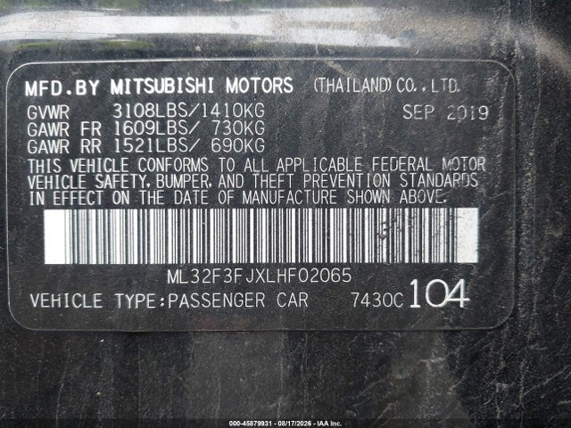45879931 :رقم المزاد ، ML32F3FJXLHF02065 vin ، 2020 Mitsubishi Mirage G4 Es مزاد بيع