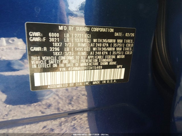 45879932 :رقم المزاد ، 4S4WMABDXT3415409 vin ، 2026 Subaru Ascent Premium 7-passenger مزاد بيع