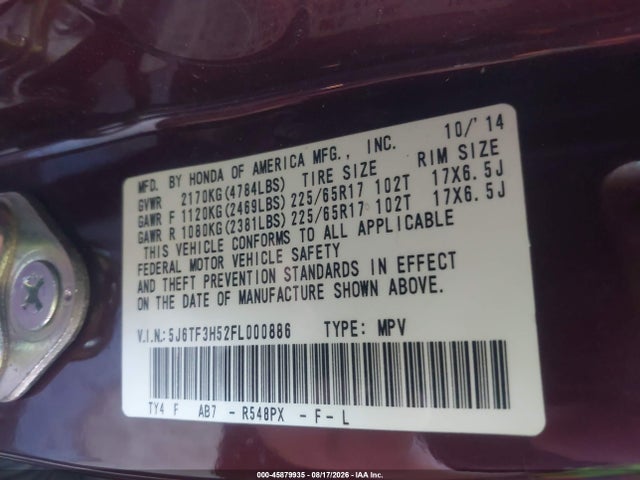 5J6TF3H52FL000886 Honda Crosstour Ex-l