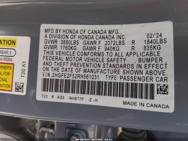 Honda Civic Sport 2024 2HGFE2F52RH561031 Image 9