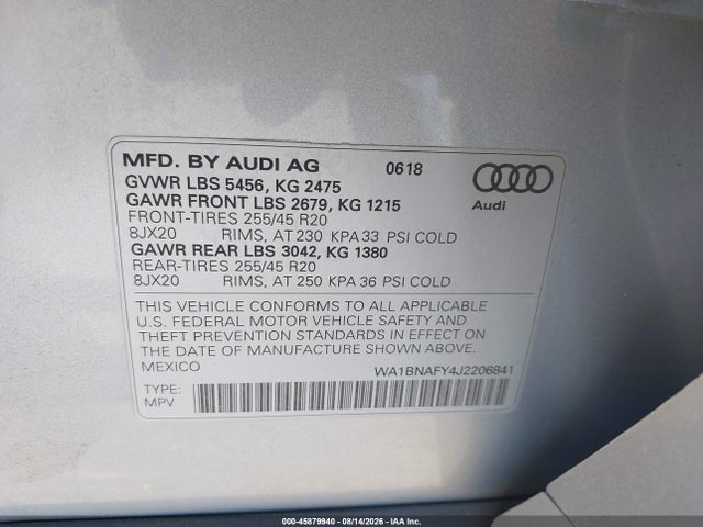 45879940 :رقم المزاد ، WA1BNAFY4J2206841 vin ، 2018 Audi Q5 2.0t Premium/2.0t Tech Premium مزاد بيع