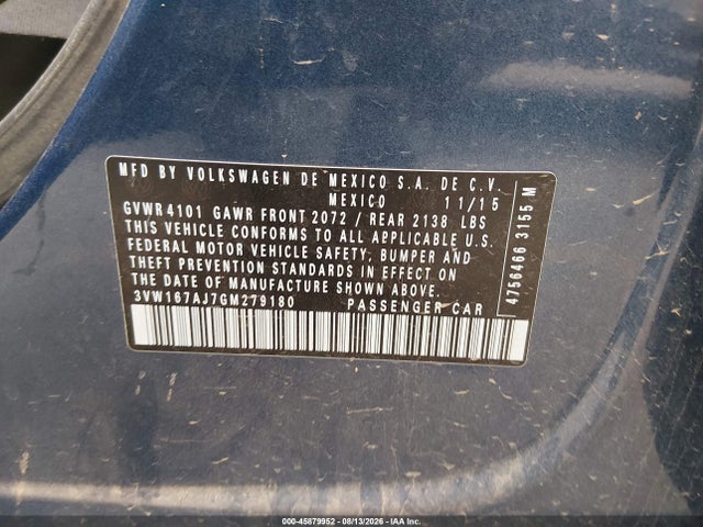 45879952 :رقم المزاد ، 3VW167AJ7GM279180 vin ، 2016 Volkswagen Jetta 1.4t S مزاد بيع
