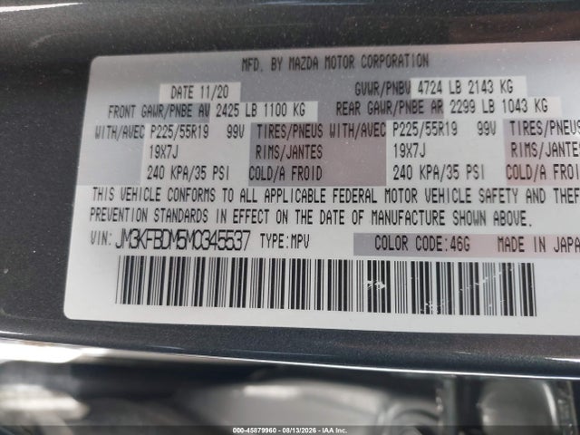 45879960 :رقم المزاد ، JM3KFBDM5M0345537 vin ، 2021 Mazda Cx-5 Grand Touring مزاد بيع