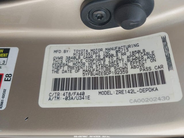 Продаж на аукціоні авто 2013 Toyota Corolla L, vin: 5YFBU4EE9DP192359, номер лоту: 45879987