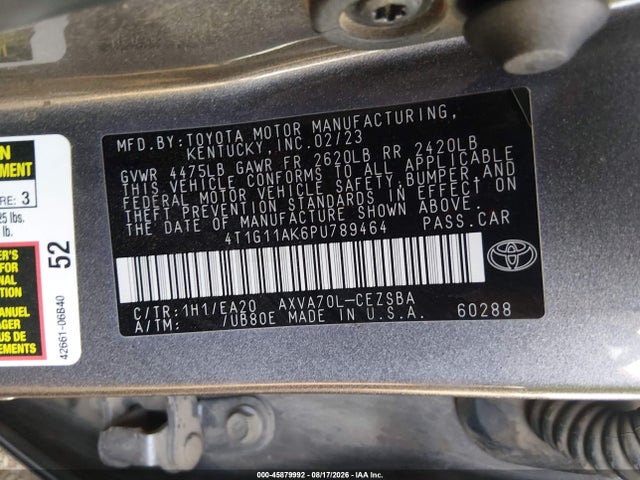 2023 Toyota Camry Se მანქანა იყიდება აუქციონზე, vin: 4T1G11AK6PU789464, აუქციონის ნომერი: 45879992