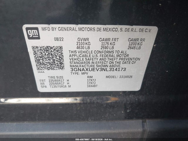 Aukcja sprzedaży 2022 Chevrolet Equinox Awd Lt, vin: 3GNAXUEV3NL314173, numer aukcji: 45879997