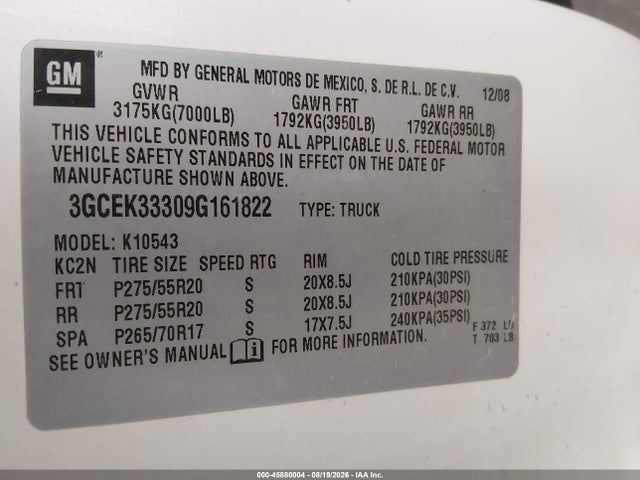 45880004 :رقم المزاد ، 3GCEK33309G161822 vin ، 2009 Chevrolet Silverado 1500 Ltz مزاد بيع