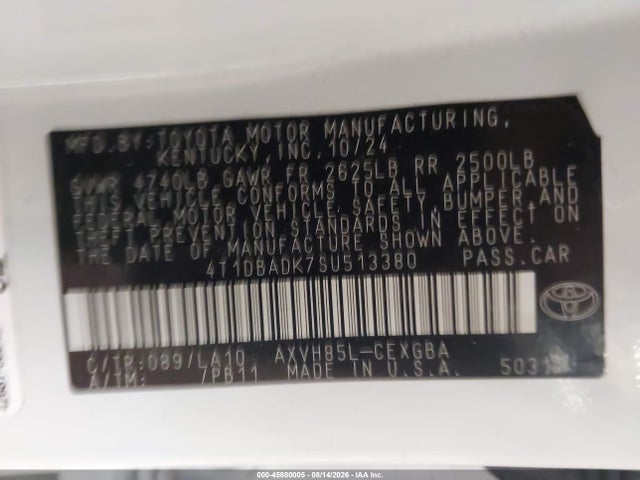 Aukcja sprzedaży 2025 Toyota Camry Xle, vin: 4T1DBADK7SU513380, numer aukcji: 45880005
