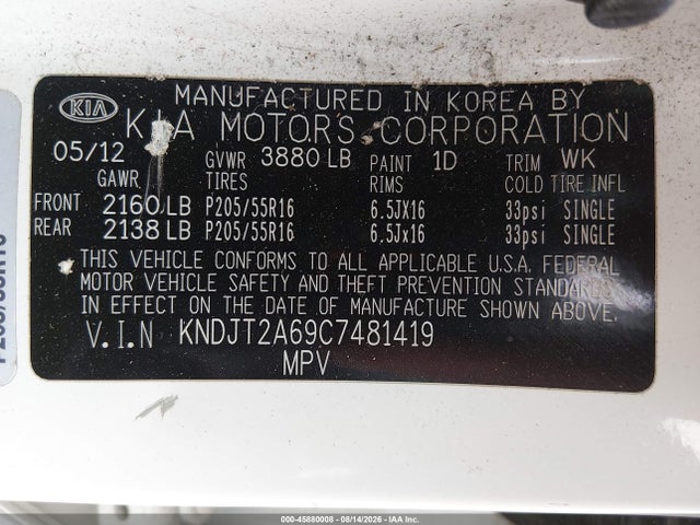 Aukcja sprzedaży 2012 Kia Soul +, vin: KNDJT2A69C7481419, numer aukcji: 45880008
