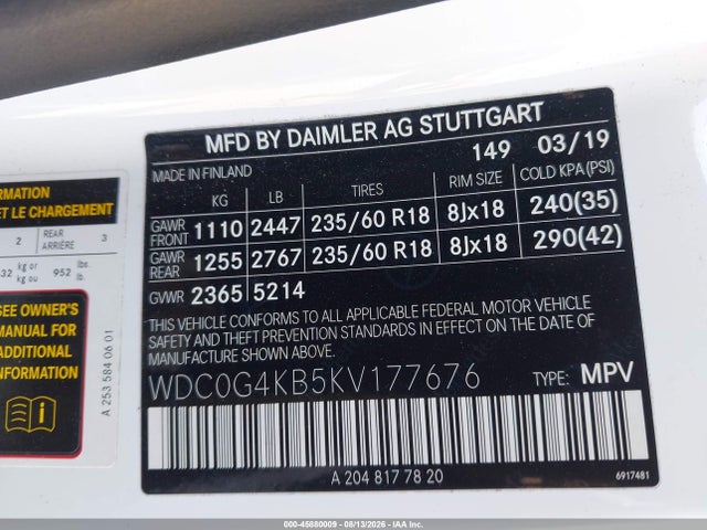 Aukcja sprzedaży 2019 Mercedes-benz Glc 300 4matic, vin: WDC0G4KB5KV177676, numer aukcji: 45880009