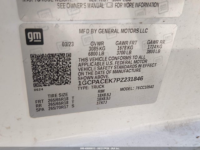 Продаж на аукціоні авто 2023 Chevrolet Silverado 1500 2wd  Short Bed Lt, vin: 1GCPACEK7PZ231846, номер лоту: 45880013