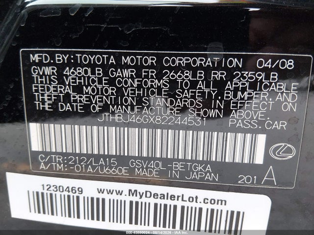 2008 Lexus Es 350 მანქანა იყიდება აუქციონზე, vin: JTHBJ46GX82244531, აუქციონის ნომერი: 45880024