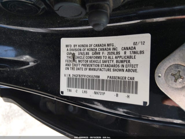 Auction sale of the 2012 Honda Civic Ex-l, vin: 2HGFB2F91CH552498, lot number: 45880025