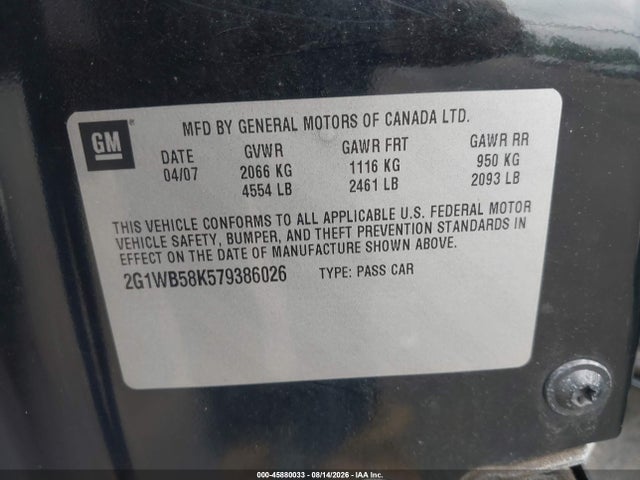45880033 :رقم المزاد ، 2G1WB58K579386026 vin ، 2007 Chevrolet Impala Ls مزاد بيع