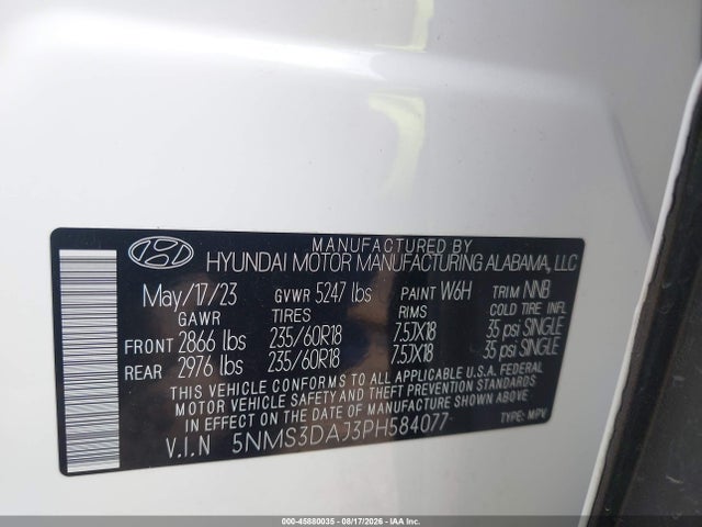 45880035 :رقم المزاد ، 5NMS3DAJ3PH584077 vin ، 2023 Hyundai Santa Fe Sel مزاد بيع