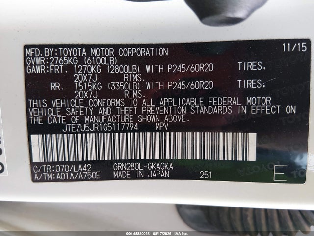 Toyota 4runner Limited 2016 JTEZU5JR1G5117794 Image 9