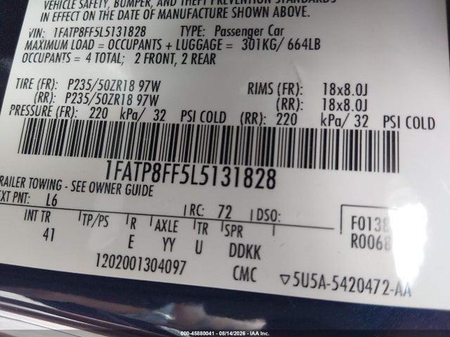 Продажа на аукционе авто 2020 Ford Mustang Gt Premium, vin: 1FATP8FF5L5131828, номер лота: 45880041