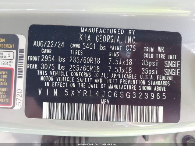 Продаж на аукціоні авто 2025 Kia Sorento S, vin: 5XYRL4JC6SG323965, номер лоту: 45880044