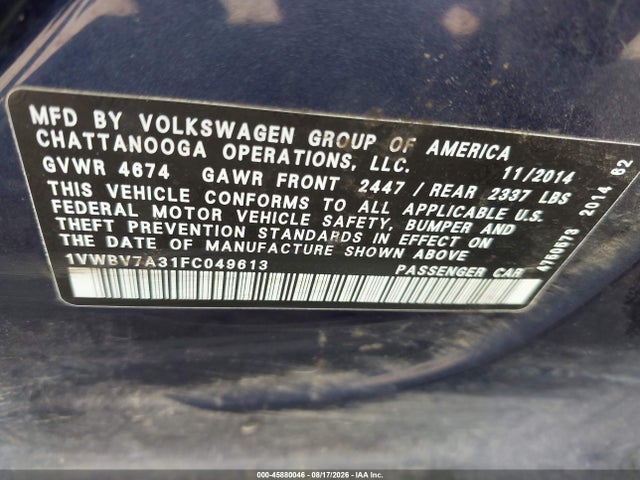 2015 Volkswagen Passat 2.0l Tdi Se მანქანა იყიდება აუქციონზე, vin: 1VWBV7A31FC049613, აუქციონის ნომერი: 45880046