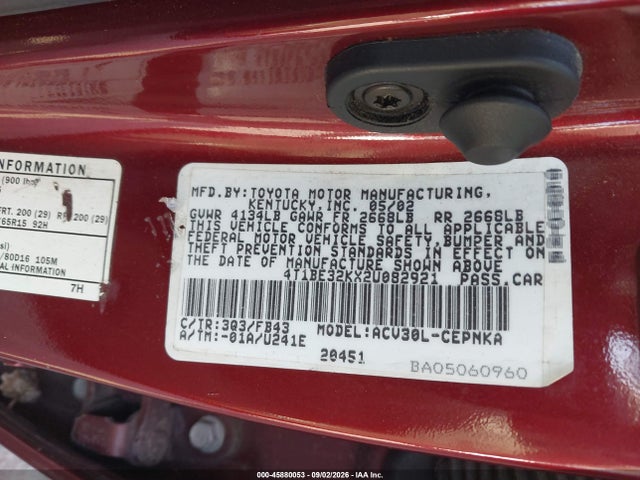 Aukcja sprzedaży 2002 Toyota Camry Le, vin: 4T1BE32KX2U082921, numer aukcji: 45880053