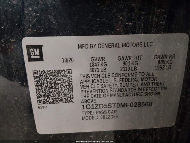 Продажа на аукционе авто 2021 Chevrolet Malibu Fwd Lt, vin: 1G1ZD5ST0MF028568, номер лота: 45880059