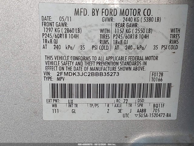 Aukcja sprzedaży 2011 Ford Edge Sel, vin: 2FMDK3JC2BBB35273, numer aukcji: 45880070