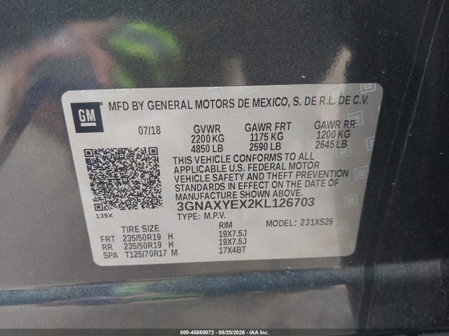 Aukcja sprzedaży 2019 Chevrolet Equinox Premier, vin: 3GNAXYEX2KL126703, numer aukcji: 45880072